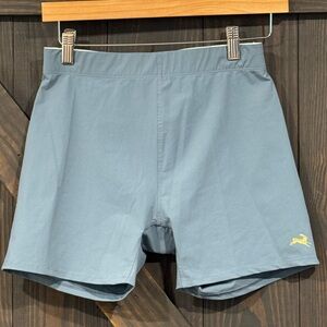 Tracksmith Slate Blue Athletic Shorts with Yellow Logo